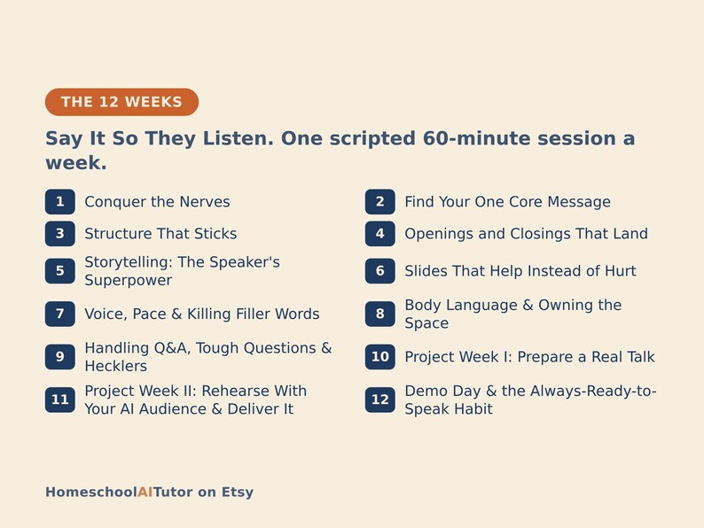 Public Speaking for Beginners, 12-Week AI Tutor Guide, Beat Presentation Nerves, Structure, Voice and Q and A, PDF image 3