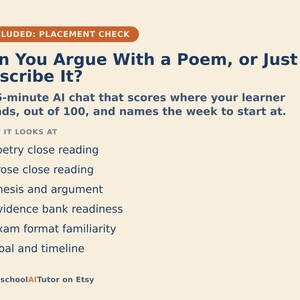 May include: A light cream-colored informational graphic with dark blue text titled Can You Argue With a Poem, or Just Describe It? It details a 15-minute AI chat service that scores learners out of 100 and lists six evaluation criteria including poetry and prose close reading, thesis and argument, evidence bank readiness, exam format familiarity, and goal and timeline.