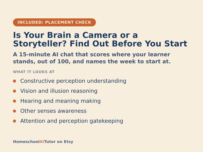 May include: A light beige informational graphic with dark blue text titled Is Your Brain a Camera or a Storyteller? Find Out Before You Start. It describes a 15-minute AI chat that scores learner perception, vision, hearing, senses, and attention.