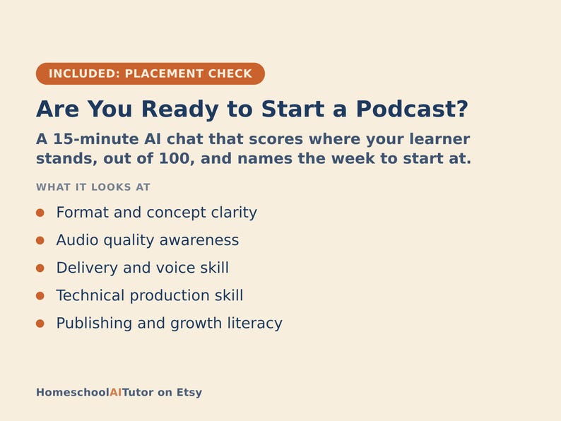 May include: A beige informational graphic titled Are You Ready to Start a Podcast? featuring a 15-minute AI chat description, a list of five evaluation criteria including format, audio, delivery, technical, and publishing skills, and HomeschoolAITutor on Etsy.