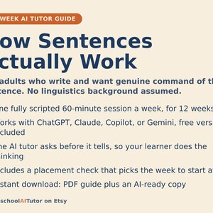 May include: A 12-week AI tutor guide titled How Sentences Actually Work. The text outlines a 60-minute weekly session plan for adults, utilising ChatGPT, Claude, Copilot, or Gemini. It features a placement check and includes a PDF guide.