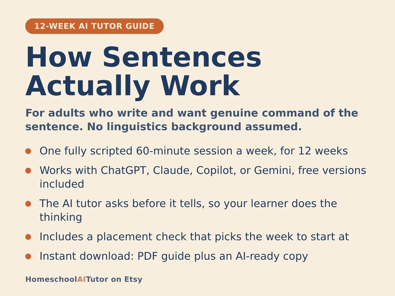 May include: A 12-week AI tutor guide titled How Sentences Actually Work. The text outlines a 60-minute weekly session plan for adults, utilising ChatGPT, Claude, Copilot, or Gemini. It features a placement check and includes a PDF guide.