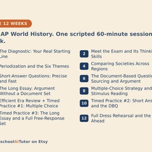 May include: A study guide titled The 12 Weeks Ace AP World History with a 60-minute weekly session plan. It lists twelve numbered topics including The Diagnostic, Periodisation, Short-Answer Questions, Long Essay, and Timed Practice sessions.