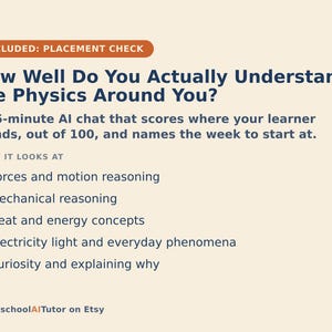 Pu&ograve; includere: Un grafico informativo beige con testo blu scuro intitolato How Well Do You Actually Understand the Physics Around You? Descrive una chat AI di 15 minuti che copre forze, movimento, ragionamento meccanico, calore, energia ed elettricit&agrave;.