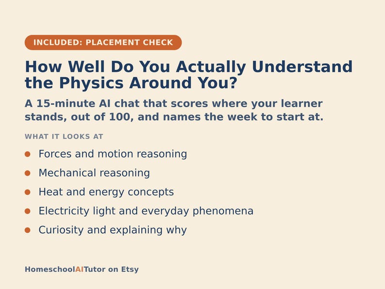 Pu&ograve; includere: Un grafico informativo beige con testo blu scuro intitolato How Well Do You Actually Understand the Physics Around You? Descrive una chat AI di 15 minuti che copre forze, movimento, ragionamento meccanico, calore, energia ed elettricit&agrave;.