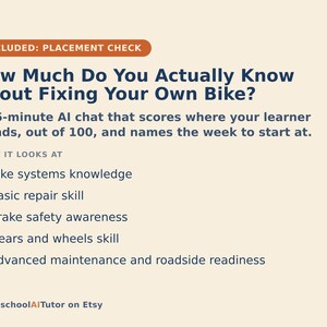 Puede incluir: Un gr&aacute;fico informativo con fondo crema y texto azul oscuro titulado How Much Do You Actually Know About Fixing Your Own Bike? Describe un chat de IA de 15 minutos que eval&uacute;a los conocimientos sobre reparaci&oacute;n de bicicletas, sistemas, seguridad y mantenimiento.