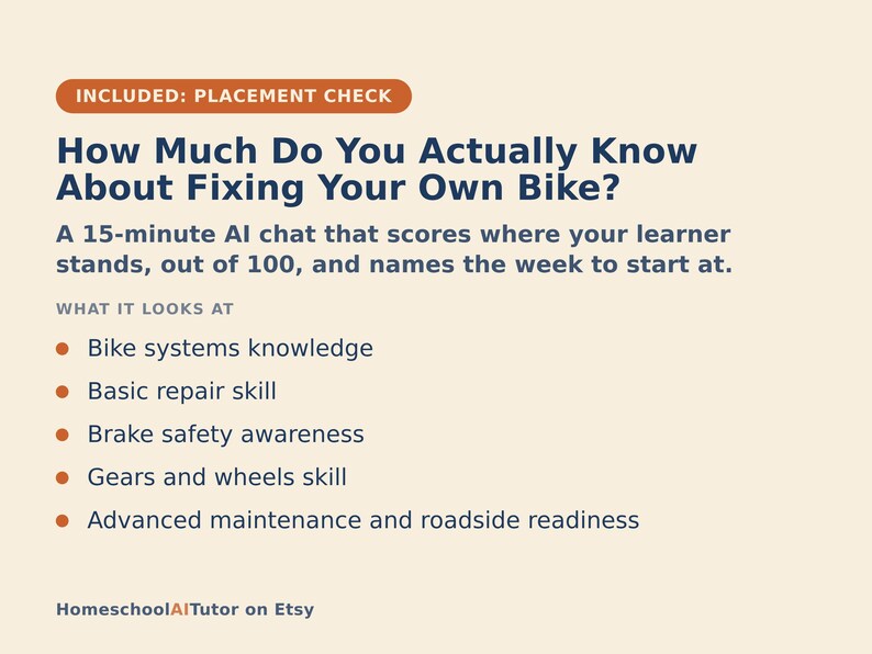 Puede incluir: Un gr&aacute;fico informativo con fondo crema y texto azul oscuro titulado How Much Do You Actually Know About Fixing Your Own Bike? Describe un chat de IA de 15 minutos que eval&uacute;a los conocimientos sobre reparaci&oacute;n de bicicletas, sistemas, seguridad y mantenimiento.