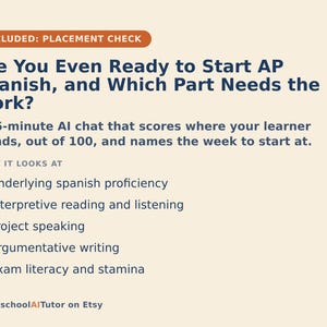 May include: A light-colored informational graphic with dark blue text titled Are You Even Ready to Start AP Spanish, and Which Part Needs the Work? It describes a 15-minute AI chat that scores proficiency and lists five areas of focus including reading, listening, speaking, writing, and exam stamina.