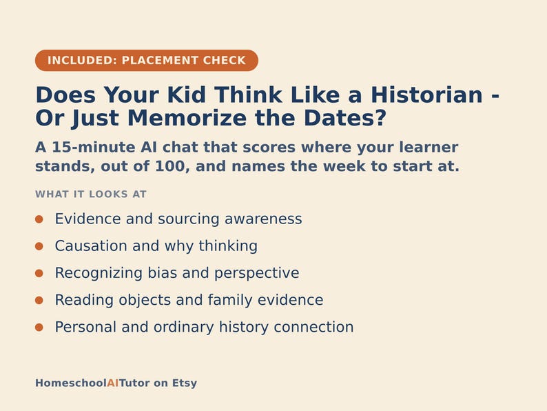 May include: A light cream-colored informational graphic with dark blue text titled Does Your Kid Think Like a Historian - Or Just Memorize the Dates? It describes a 15-minute AI chat that scores learners out of 100 and lists five evaluation criteria.