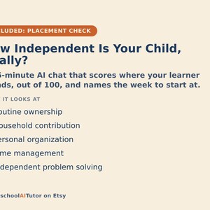 Puede incluir: Un gr&aacute;fico informativo con fondo crema y texto azul oscuro titulado How Independent Is Your Child, Really? Describe un chat de IA de 15 minutos que eval&uacute;a la independencia del estudiante y enumera cinco &aacute;reas: rutina, hogar, organizaci&oacute;n, tiempo y resoluci&oacute;n de problemas.