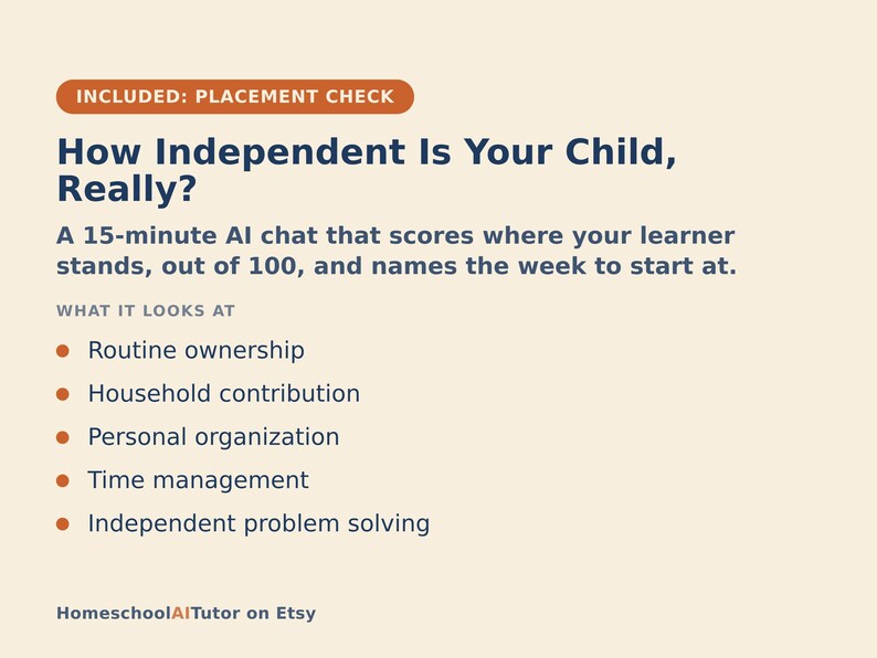 Puede incluir: Un gr&aacute;fico informativo con fondo crema y texto azul oscuro titulado How Independent Is Your Child, Really? Describe un chat de IA de 15 minutos que eval&uacute;a la independencia del estudiante y enumera cinco &aacute;reas: rutina, hogar, organizaci&oacute;n, tiempo y resoluci&oacute;n de problemas.