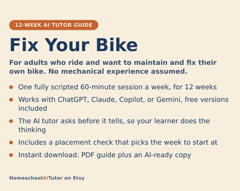 Bike Repair for Beginners, 12-Week AI Tutor Guide, Fix a Flat, Brakes, Gears and Chain Care, Home Bicycle Tune-Up, PDF