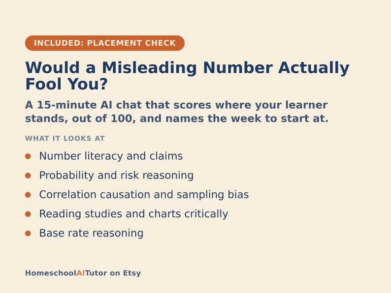 May include: A light cream-colored informational graphic titled Would a Misleading Number Actually Fool You? It describes a 15-minute AI chat that assesses learner skills out of 100, covering topics like number literacy, probability, and base rate reasoning.