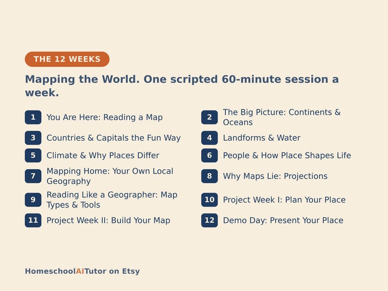Pu&ograve; includere: Un programma di studi intitolato The 12 Weeks Mapping the World, con un calendario di sessioni settimanali di 60 minuti. Elenca 12 argomenti numerati tra cui lettura di mappe, continenti e oceani, paesi e capitali, e settimane di progetto.