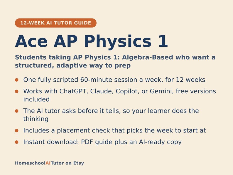 AP Physics 1 Prep Study Plan, 12-Week AI Tutor Guide, Algebra-Based Mechanics, Free-Body Diagrams and Energy, PDF bild 1