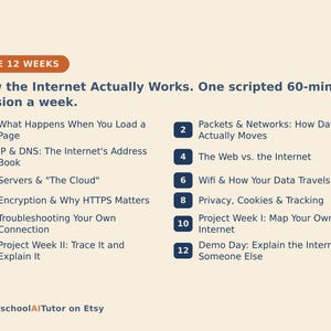 May include: An educational infographic titled The 12 Weeks How the Internet Actually Works. One scripted 60-minute session a week. It lists twelve numbered topics including IP & DNS, Servers & The Cloud, Encryption, Wifi, and Privacy on a light background.