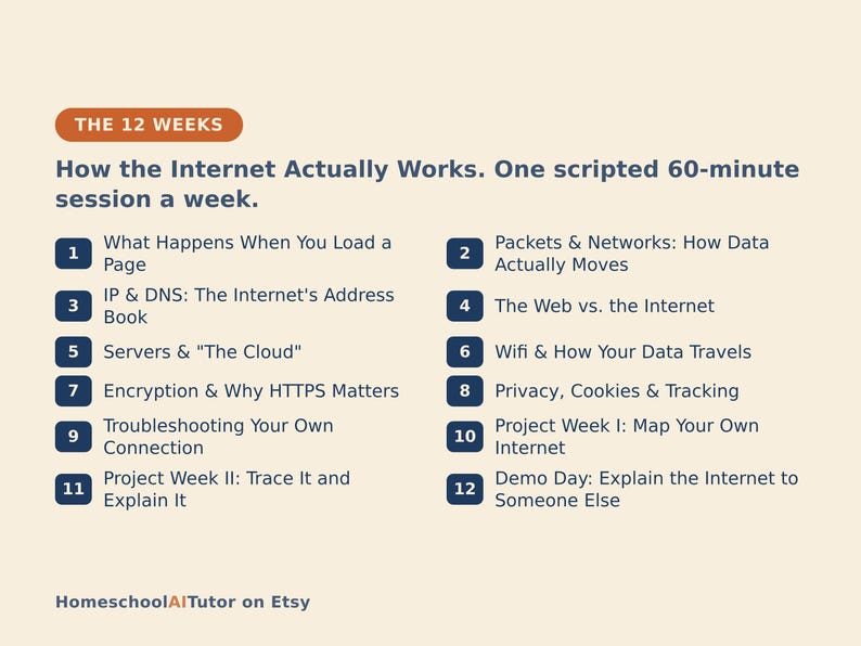 May include: An educational infographic titled The 12 Weeks How the Internet Actually Works. One scripted 60-minute session a week. It lists twelve numbered topics including IP & DNS, Servers & The Cloud, Encryption, Wifi, and Privacy on a light background.