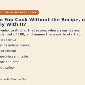 May include: A light beige informational graphic with dark blue text titled Can You Cook Without the Recipe, or Only With It? It describes a 15-minute AI chat that scores cooking skills including recipe independence, heat control, seasoning, and safety.