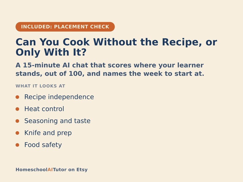 May include: A light beige informational graphic with dark blue text titled Can You Cook Without the Recipe, or Only With It? It describes a 15-minute AI chat that scores cooking skills including recipe independence, heat control, seasoning, and safety.