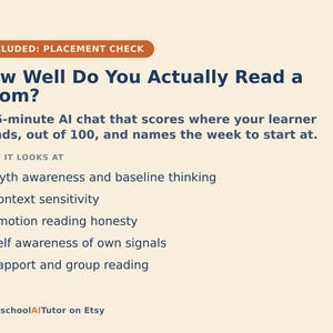 May include: A beige informational graphic with dark blue text titled How Well Do You Actually Read a Room? It describes a 15-minute AI chat that scores learner performance out of 100, listing criteria like myth awareness, context, and rapport.