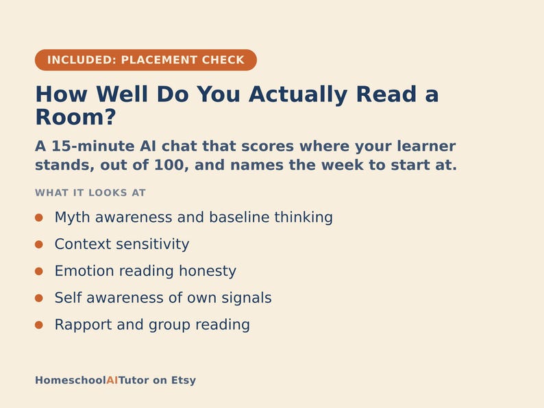 May include: A beige informational graphic with dark blue text titled How Well Do You Actually Read a Room? It describes a 15-minute AI chat that scores learner performance out of 100, listing criteria like myth awareness, context, and rapport.