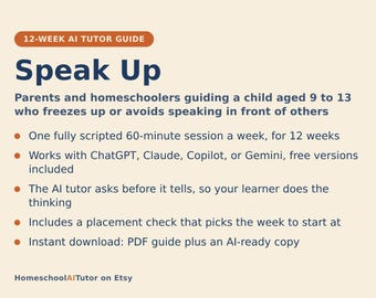 Public Speaking for Kids, 12-Week AI Tutor Guide, Confident Presentations for Shy Kids, Ages 9 to 13, Homeschool, PDF