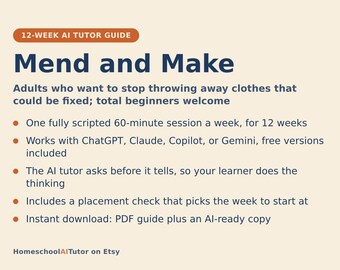 Sewing for Beginners, 12-Week AI Tutor Guide, Hand Stitches, Mending, Hems, Patching and Sewing Machine Basics, PDF