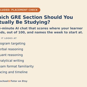 May include: An informational graphic with a cream background and dark blue text titled Which GRE Section Should You Actually Be Studying? It describes a 15-minute AI chat that scores learner performance out of 100 and lists six key study areas.