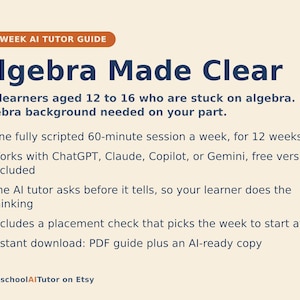 Homeschool Algebra Curriculum, 12-Week AI Tutor Guide for Teens Ages 12-16, Pre-Algebra to Early Algebra 1, Solving Equations, PDF