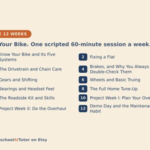 Puede incluir: Un programa de mantenimiento de bicicletas de 12 semanas titulado The 12 Weeks: Fix Your Bike. One scripted 60-minute session a week. La lista incluye 12 iconos rectangulares azul oscuro numerados con temas como reparaci&oacute;n de llantas. HomeschoolAITutor on Etsy.
