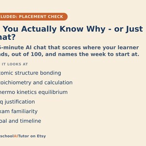May include: A light beige informational graphic with dark blue text titled Do You Actually Know Why - or Just What? It describes a 15-minute AI chat for learners, listing topics like atomic structure bonding, stoichiometry, and exam familiarity.