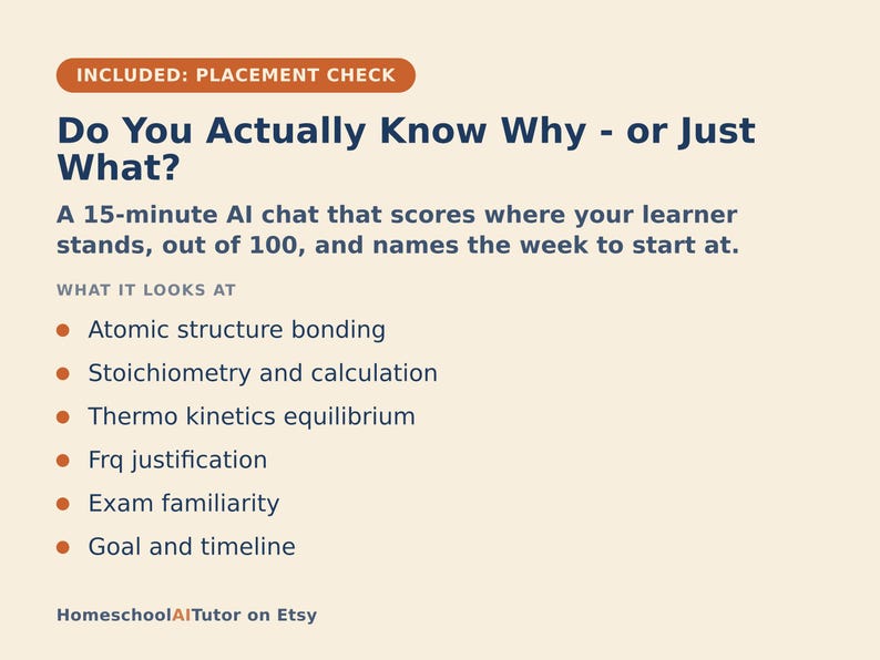 May include: A light beige informational graphic with dark blue text titled Do You Actually Know Why - or Just What? It describes a 15-minute AI chat for learners, listing topics like atomic structure bonding, stoichiometry, and exam familiarity.
