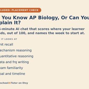 May include: An informational graphic with a cream background and dark blue text titled Do You Know AP Biology, Or Can You Explain It? It describes a 15-minute AI chat assessment covering unit recall, mechanism reasoning, quantitative reasoning, data and frq writing, exam familiarity, and goal and timeline.