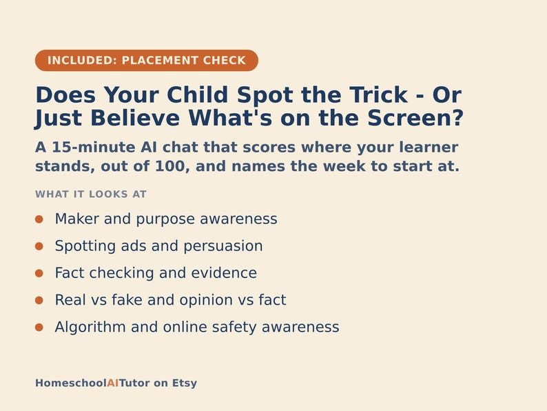 May include: A beige informational graphic titled Does Your Child Spot the Trick - Or Just Believe What's on the Screen? It describes a 15-minute AI chat that scores learner performance out of 100, covering maker awareness, ads, fact checking, and safety.