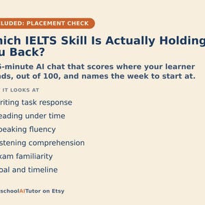 May include: A light-colored informational graphic with dark blue text titled Which IELTS Skill Is Actually Holding You Back? It describes a 15-minute AI chat that scores learners out of 100, listing skills like writing, reading, speaking, and listening.