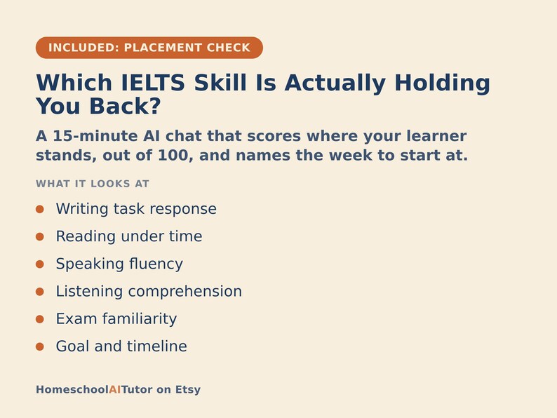 May include: A light-colored informational graphic with dark blue text titled Which IELTS Skill Is Actually Holding You Back? It describes a 15-minute AI chat that scores learners out of 100, listing skills like writing, reading, speaking, and listening.