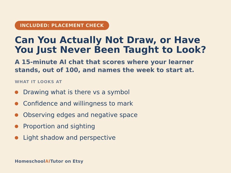 May include: A beige informational graphic titled Can You Actually Not Draw, or Have You Just Never Been Taught to Look? It describes a 15-minute AI chat that scores drawing skills out of 100, covering topics like edges, negative space, and light shadow.