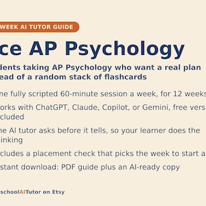 Puede incluir: Una gu&iacute;a de tutor&iacute;a con IA de 12 semanas titulada Ace AP Psychology. El texto describe un plan para estudiantes, incluyendo sesiones semanales de 60 minutos, compatibilidad con ChatGPT, Claude, Copilot o Gemini, y una descarga en formato PDF.