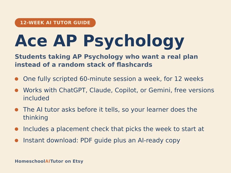 Puede incluir: Una gu&iacute;a de tutor&iacute;a con IA de 12 semanas titulada Ace AP Psychology. El texto describe un plan para estudiantes, incluyendo sesiones semanales de 60 minutos, compatibilidad con ChatGPT, Claude, Copilot o Gemini, y una descarga en formato PDF.