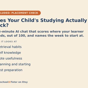 Puede incluir: Un gr&aacute;fico informativo de color beige claro con texto azul oscuro titulado Does Your Child's Studying Actually Stick? Describe un chat de IA de 15 minutos que eval&uacute;a h&aacute;bitos de aprendizaje como la recuperaci&oacute;n, autoconocimiento, notas y preparaci&oacute;n.