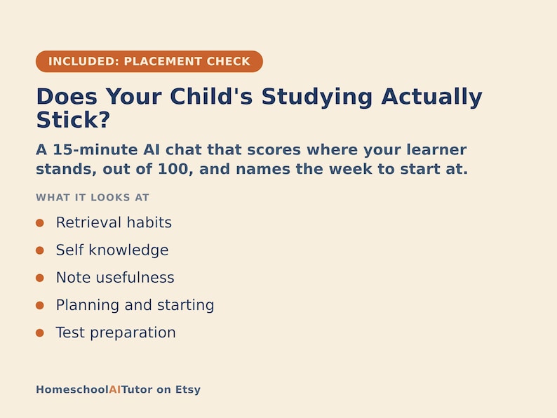 Puede incluir: Un gr&aacute;fico informativo de color beige claro con texto azul oscuro titulado Does Your Child's Studying Actually Stick? Describe un chat de IA de 15 minutos que eval&uacute;a h&aacute;bitos de aprendizaje como la recuperaci&oacute;n, autoconocimiento, notas y preparaci&oacute;n.