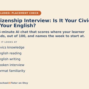 Puede incluir: Un gr&aacute;fico informativo de color beige claro titulado Citizenship Interview: Is It Your Civics or Your English? Describe un chat de IA de 15 minutos que eval&uacute;a conocimientos c&iacute;vicos, lectura, escritura, entrevista oral y familiaridad con el formato.