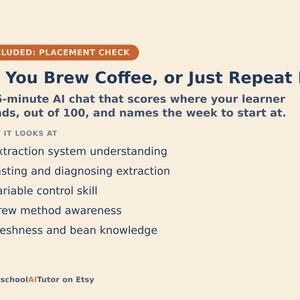 May include: A light beige informational graphic with dark blue text titled Do You Brew Coffee, or Just Repeat It? It describes a 15-minute AI chat that scores learners out of 100 and lists five evaluation points including extraction and bean knowledge.