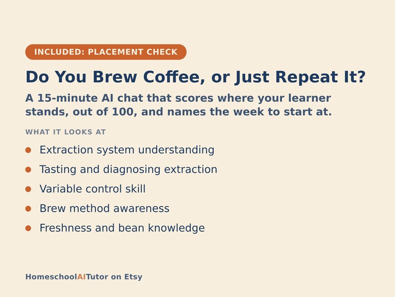 May include: A light beige informational graphic with dark blue text titled Do You Brew Coffee, or Just Repeat It? It describes a 15-minute AI chat that scores learners out of 100 and lists five evaluation points including extraction and bean knowledge.
