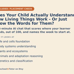 K&ouml;nnte beinhalten: Eine digitale Infografik mit cremefarbenem Hintergrund und dunkelblauem Text. Die &Uuml;berschrift lautet: Does Your Child Actually Understand How Living Things Work - Or Just Know the Words for Them? Sie beschreibt eine 15-min&uuml;tige KI-Chat-Bewertung.