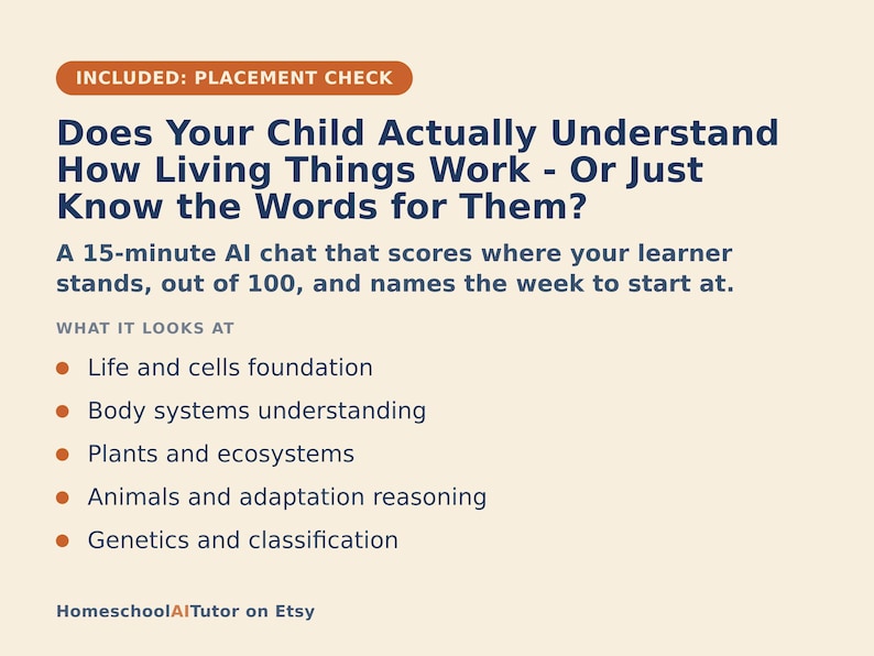 K&ouml;nnte beinhalten: Eine digitale Infografik mit cremefarbenem Hintergrund und dunkelblauem Text. Die &Uuml;berschrift lautet: Does Your Child Actually Understand How Living Things Work - Or Just Know the Words for Them? Sie beschreibt eine 15-min&uuml;tige KI-Chat-Bewertung.