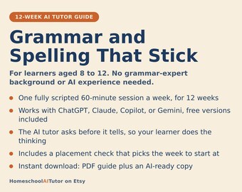 Grammatica- en spellingscursus voor thuisonderwijs, 12 weken durende handleiding met AI-tutor voor kinderen van 8-12 jaar, lessen over interpunctie en redactie, PDF