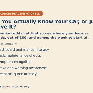 May include: A light beige informational graphic titled Do You Actually Know Your Car, or Just Drive It? It describes a 15-minute AI chat that scores learner knowledge out of 100. It lists topics including dashboard literacy, maintenance, and mechanic quotes.