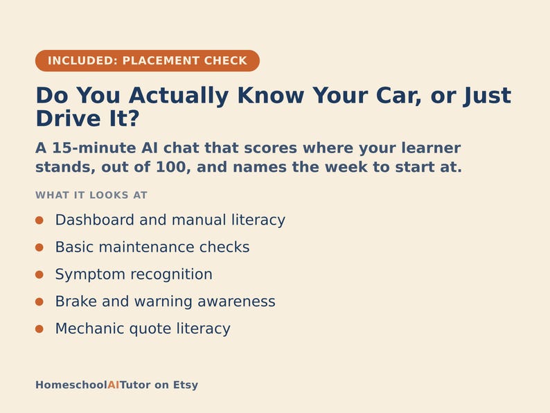 May include: A light beige informational graphic titled Do You Actually Know Your Car, or Just Drive It? It describes a 15-minute AI chat that scores learner knowledge out of 100. It lists topics including dashboard literacy, maintenance, and mechanic quotes.