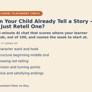 May include: An informational graphic with a cream background and dark blue text titled Can Your Child Already Tell a Story - Or Just Retell One? It describes a 15-minute AI chat that scores learners and lists criteria including character want, structure, and voice.
